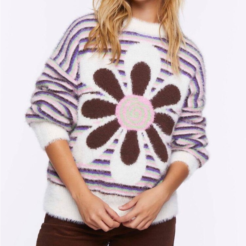 Forever 21 Fuzzy Striped Floral Graphic Sweater